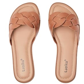 Sandálias Luoika Flat Slides de largura larga para mulheres marrons 13XW