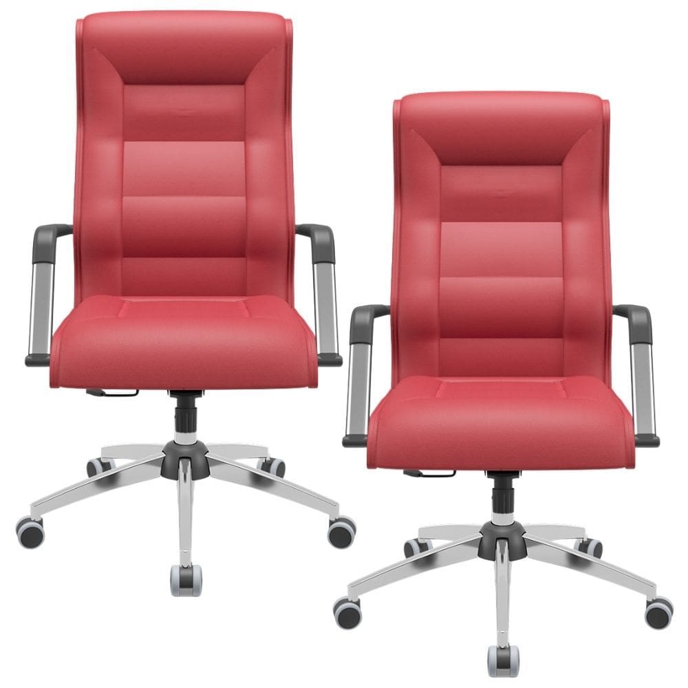 Kit 02 Cadeiras De Escritório Giratória Presidente Base Cromada Kirk P03 Vinil Vermelho - Lyam Decor