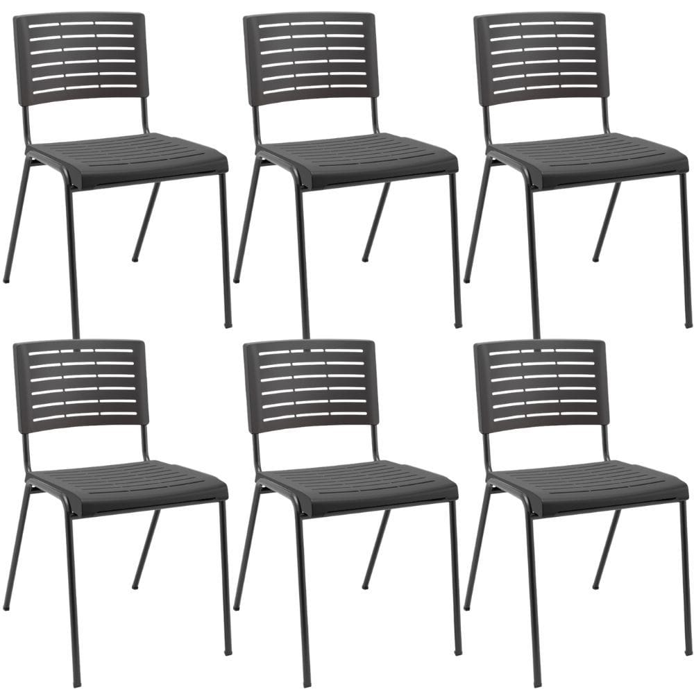 Kit 06 Cadeiras Empilhável Fixa Escritório Multiuso Base Preta Kimi P03 Preto - Lyam Decor