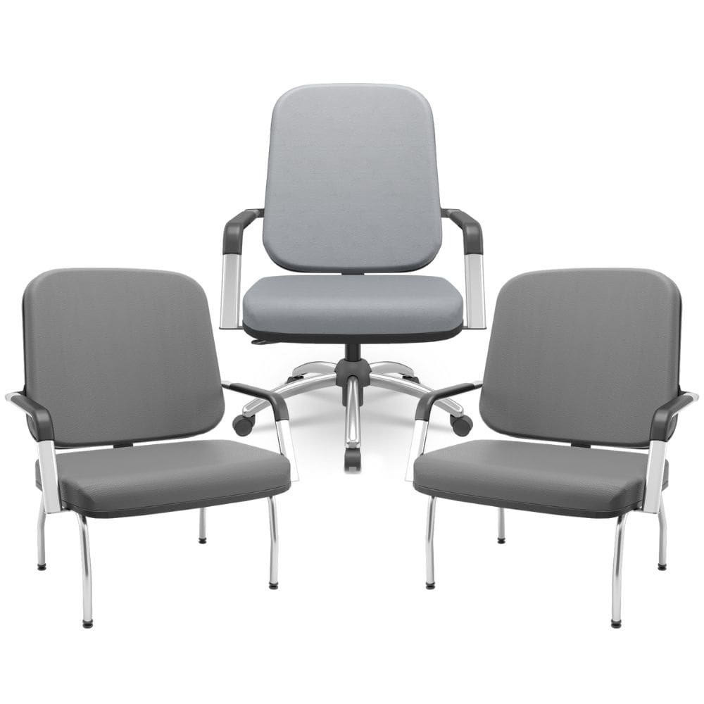 Kit Cadeira de Escritório Giratória e 2 Cadeiras Fixas Cromada Magno P03 Vinil Cinza - Lyam Decor