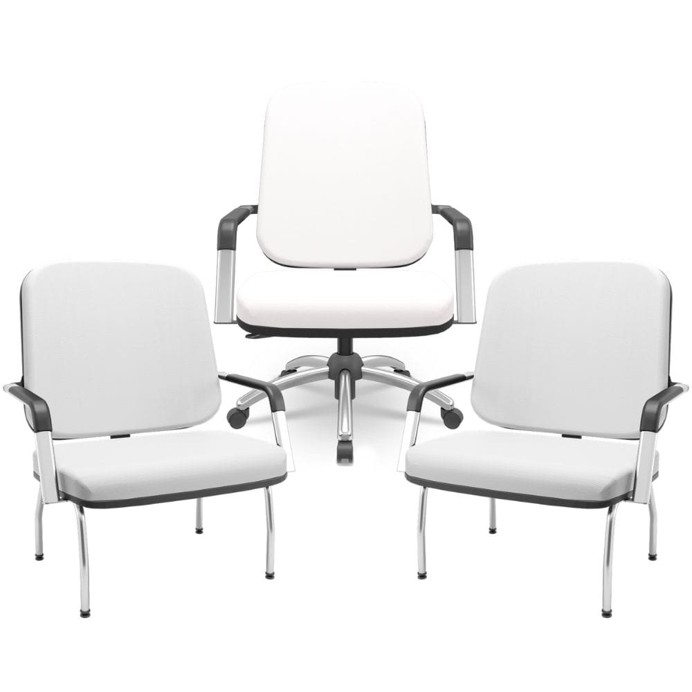 Kit Cadeira de Escritório Giratória e 2 Cadeiras Fixas Cromada Magno P03 Vinil Branco - Lyam Decor