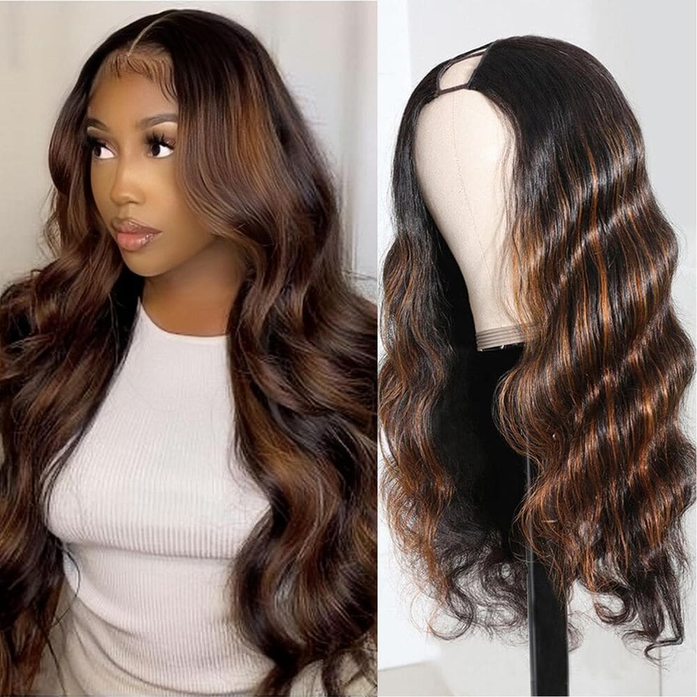Peruca de cabelo humano U Part beautkol Body Wave 18 polegadas Brown Ombre