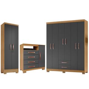 Kit Guarda Roupa Modena 6 Portas 2 Gavetas com Cômoda Sapateira 1 Porta 4 Gavetas e Armário Multiuso 2 Portas Egito Carvalho Grafite - Combo Stock