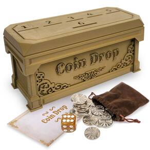 Jogo Coin Drop, Penny Game com 30 moedas de metal, caixa de jogo chique, 1 dado e 1 especificação. Um divertido jogo de tabuleiro clássico.