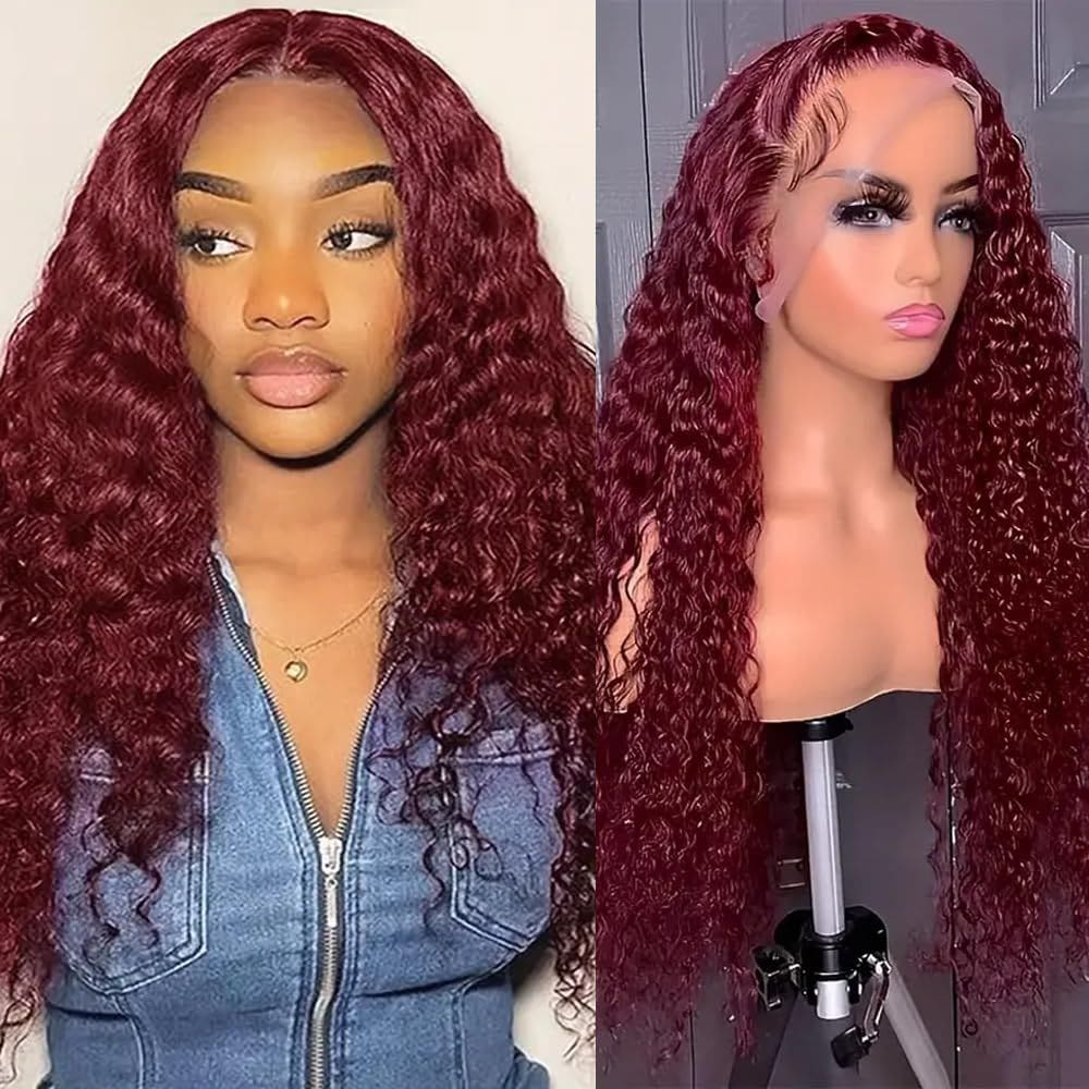 Perucas frontais de renda Pinketer 99j Burgundy Deep Wave Human Hair