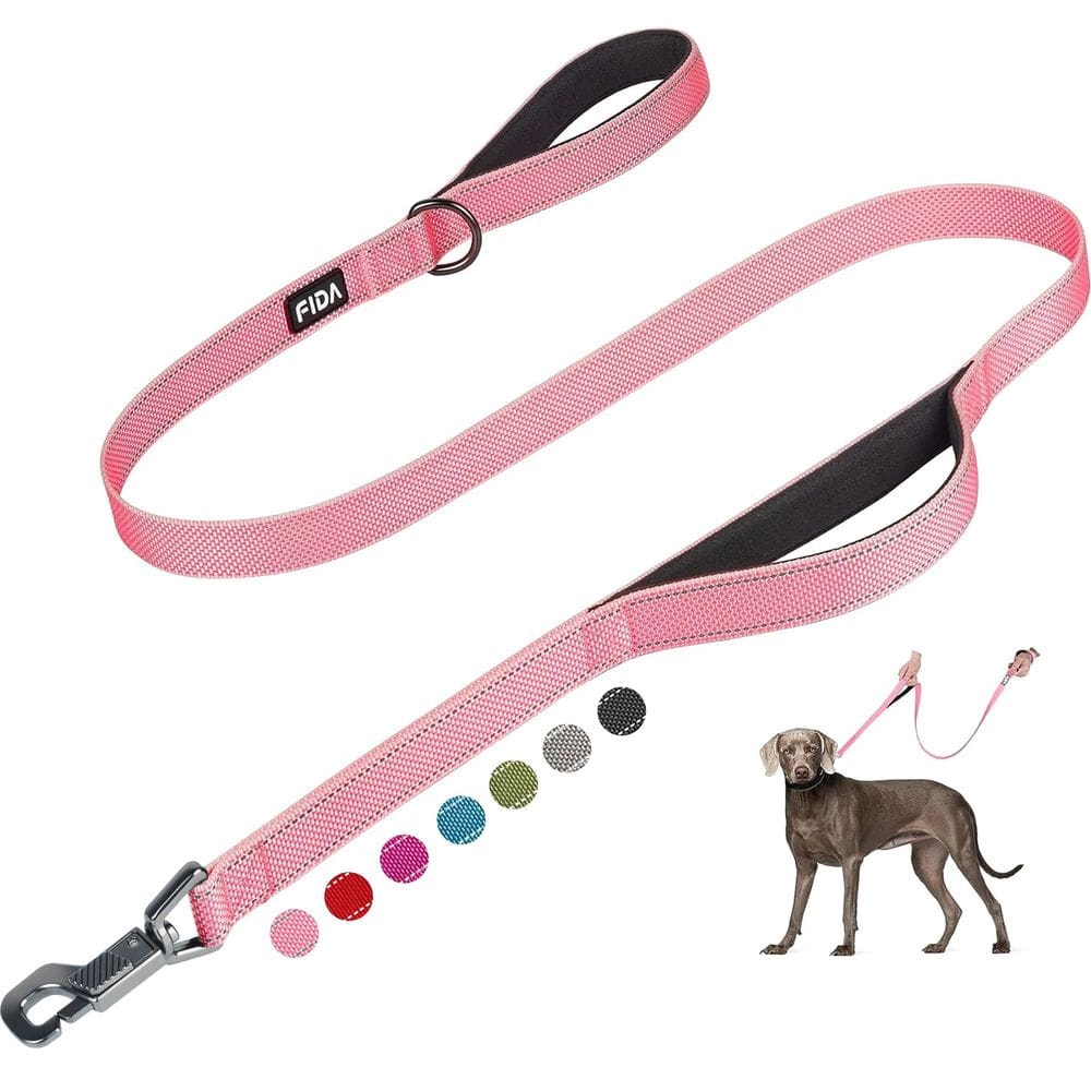 Coleira para cães Fida Heavy Duty de 1,5 m com 2 alças acolchoadas rosa reflexivo