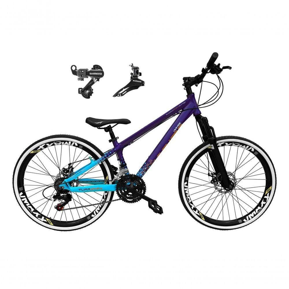 Bicicleta Aro 26 Vikingx Tuff X44 Roxo/azul 21v Câmbios Shimano Tz Freio A Disco Aros Vmaxx Pretos