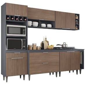 Armário de Cozinha Com Tampo CP07 260cm Pérola Grafite/Freijó Z34 - Mpozenato