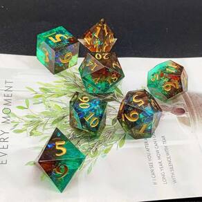 Dice Set Sharp Edge Resin para D&D com caixa de metal e bolsa verde/marrom