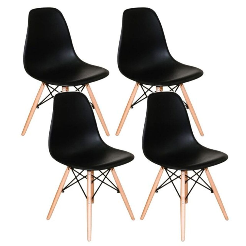 Kit 4 Cadeiras Eiffel Charles Eames Wood Base Madeira PRETA