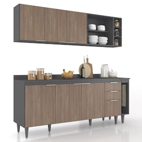 Armário de Cozinha Com Tampo CP11 200cm Pérola Grafite/Freijó Z34 - Mpozenato