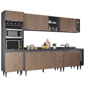 Armário de Cozinha Com Tampo CP07 310cm Pérola Grafite/Freijó Z34 - Mpozenato