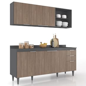 Armário de Cozinha Com Tampo CP10 180cm Pérola Grafite/Freijó Z34 - Mpozenato