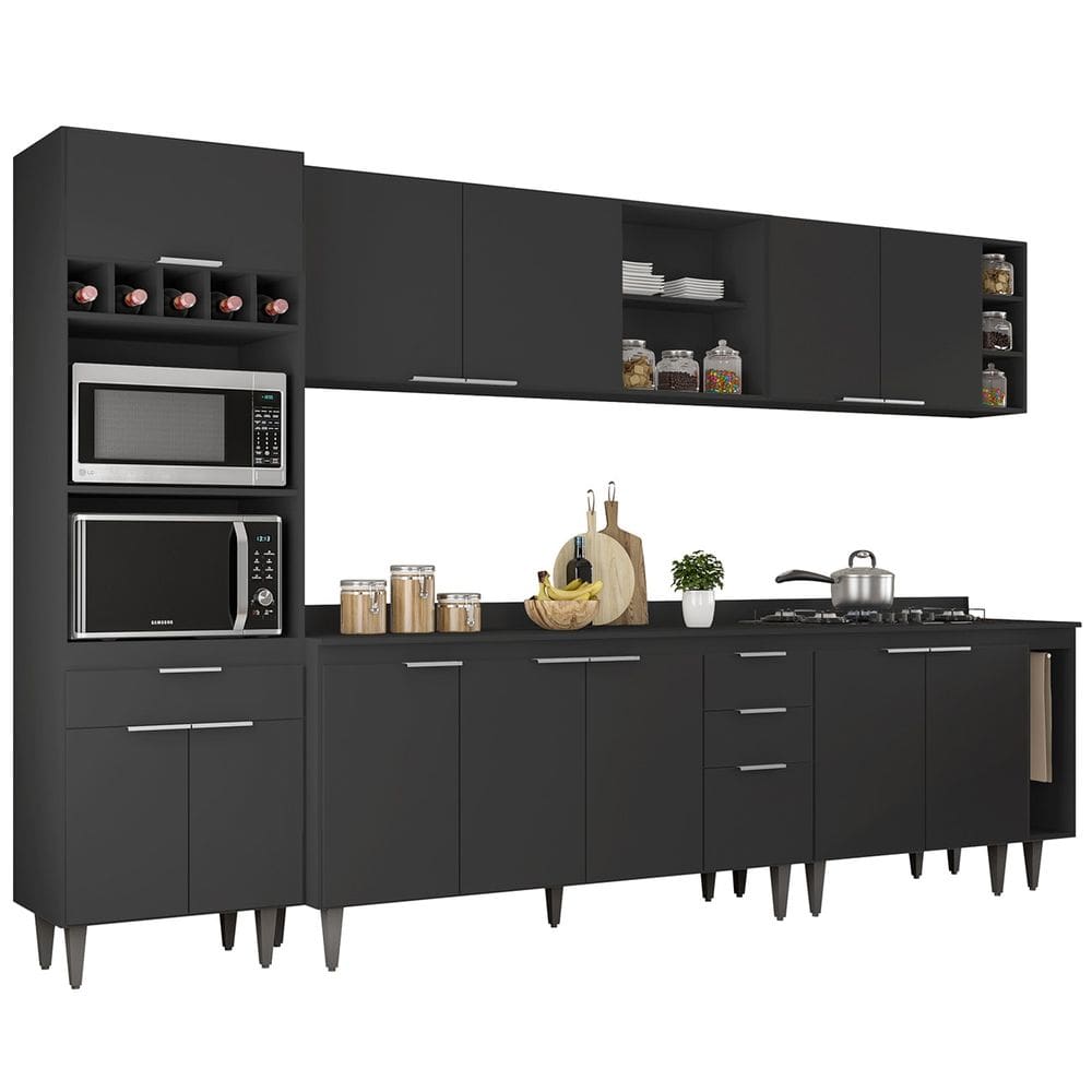Armário de Cozinha Com Tampo CP07 310cm Pérola Preto Z34 - Mpozenato