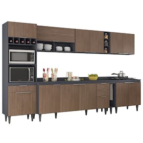 Armário de Cozinha Com Tampo CP07 340cm Pérola Grafite/Freijó Z34 - Mpozenato