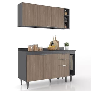 Armário de Cozinha Com Tampo CP08 140cm Pérola Grafite/Freijó Z34 - Mpozenato