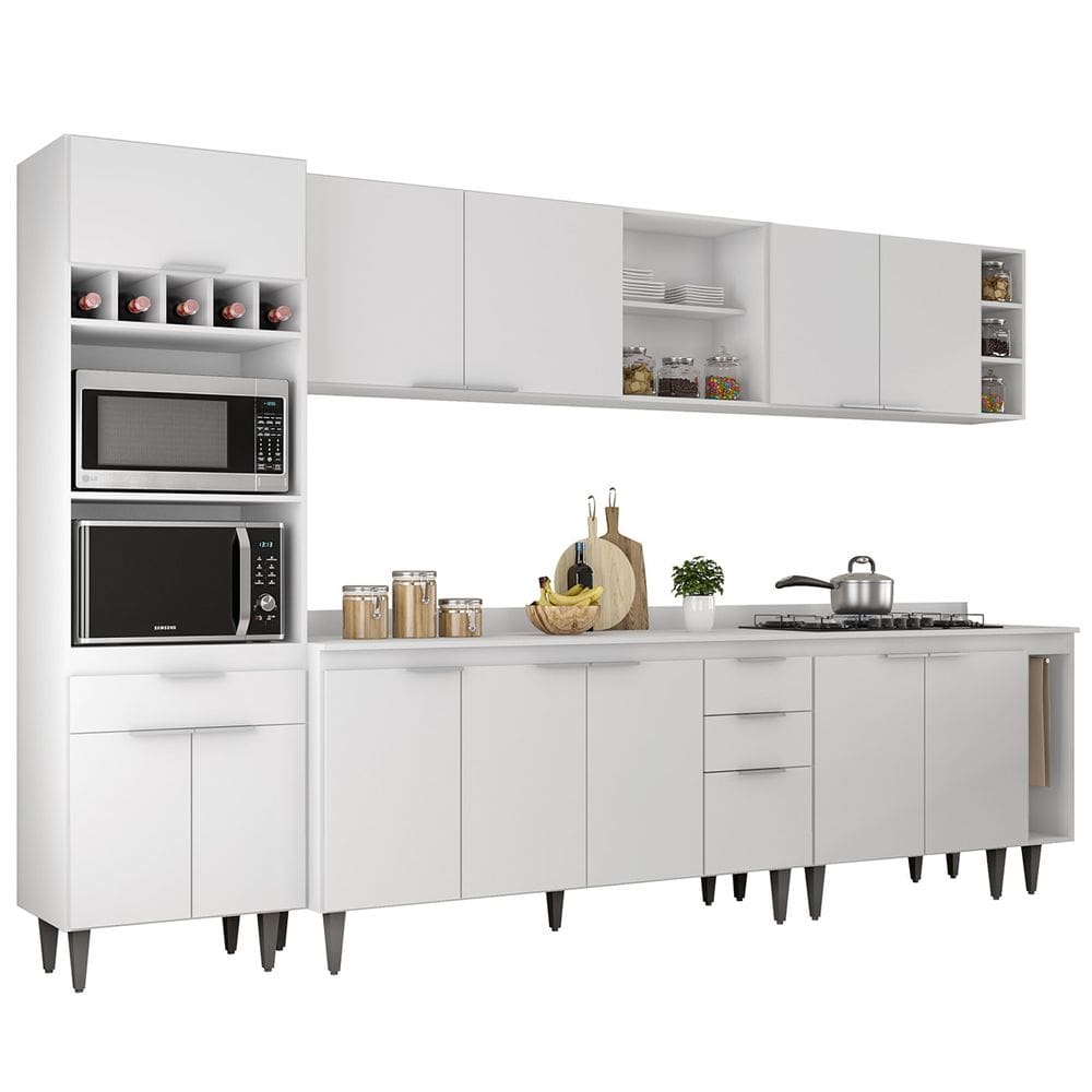 Armário de Cozinha Com Tampo CP07 310cm Pérola Branco Z34 - Mpozenato
