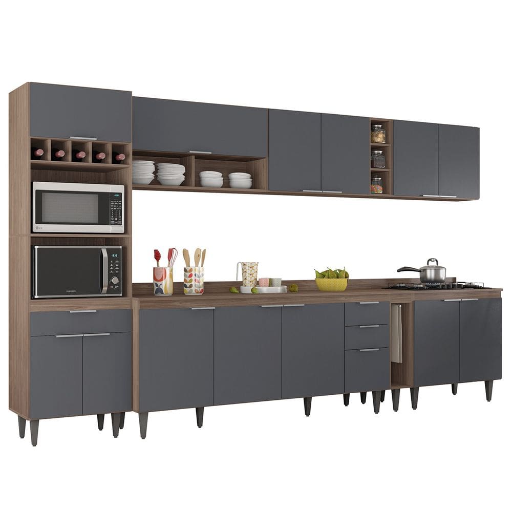Armário de Cozinha Com Tampo CP07 340cm Pérola Freijó/Grafite Z34 - Mpozenato