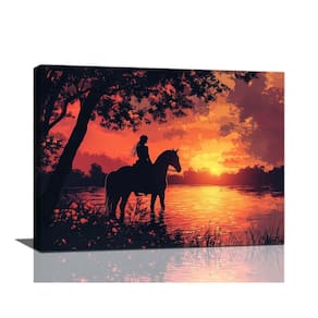 Arte de parede em tela Horse Lake Sunset Western Cowgirl 40x30cm