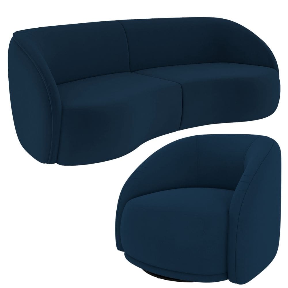 Kit Sofá 4 Lugares Eron 240cm Com Poltrona Giratória Angelina M03 Veludo Azul Marinho - Lyam Decor