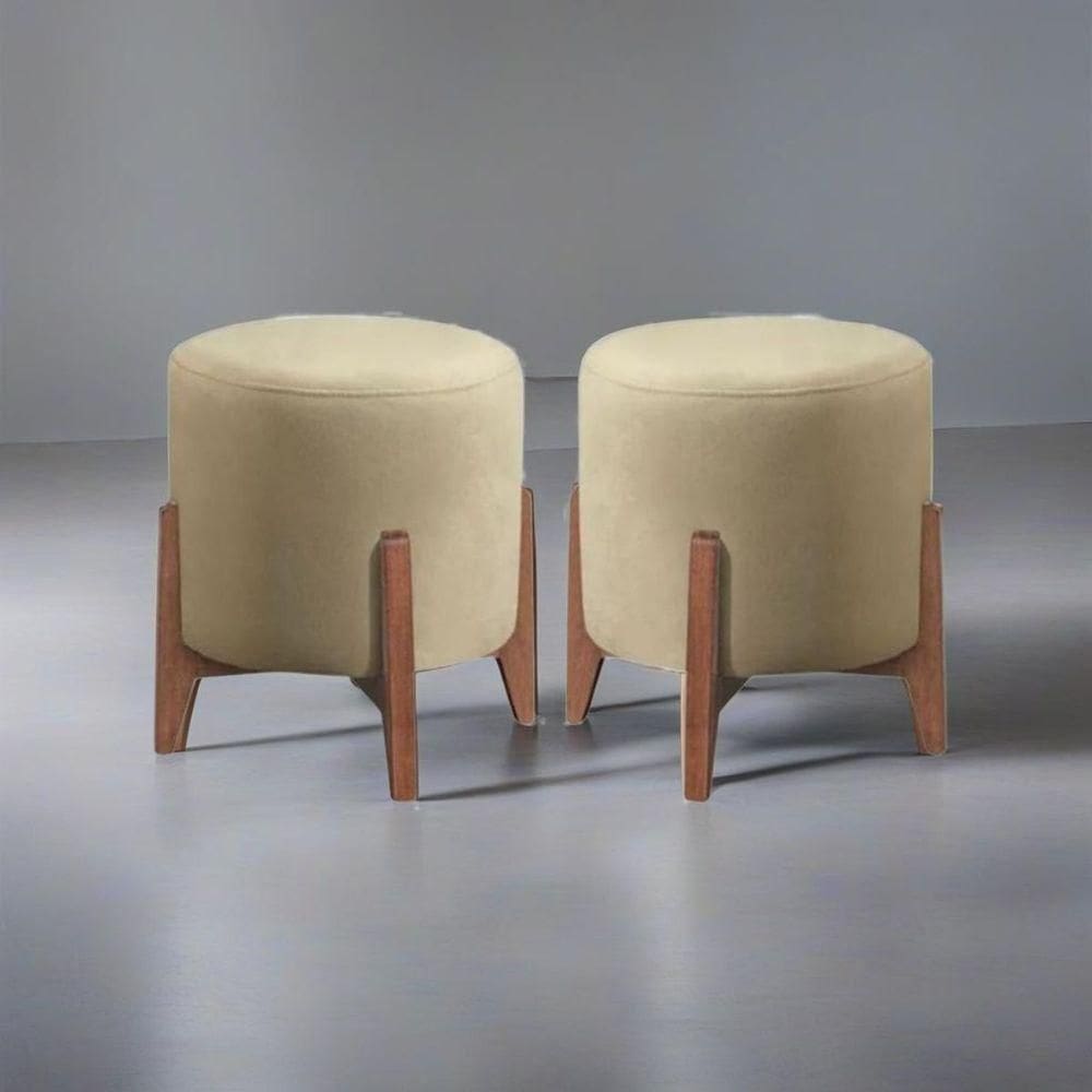 Kit 2 Puff Decorativo Para Sala Redondo Luxo Dallas Linho Bege