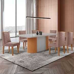Mesa De Jantar Aspen 180cm Tampo Mdf Vidro 6 Cadeiras Safira Linho Capuccino/nat/off/serig. Off
