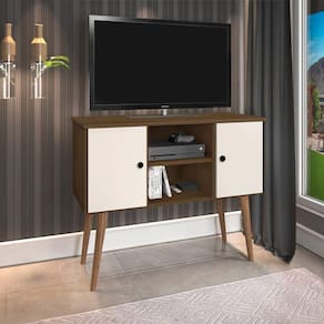 Aparador Rack Multiuso Viena Para 40 Polegadas 2 Portas Pés Em Madeira Maciça Imbuia E Off White