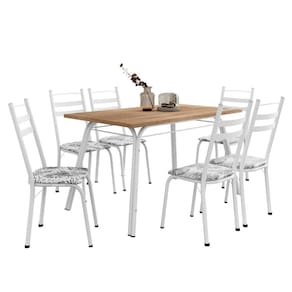 Conjunto De Mesa Sala De Jantar Com 6 Cadeiras Tubular Tampo Bp Madeirado Retangular 1,36m Branco Flor