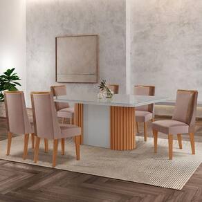 Mesa De Jantar Aspen 180cm Tampo Mdf Com Vidro 6 Cadeiras Diane Linho Capuccino/tork/nat/off/