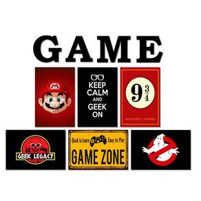 Kit 6 Placas Decorativas Geek Gamer Nerd Play C/ Letras Game