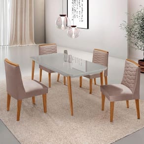Mesa De Jantar Copper 120cm Tampo Mdf 4 Cadeiras Moderna Linho Capuccino/off/nat/serig. Off
