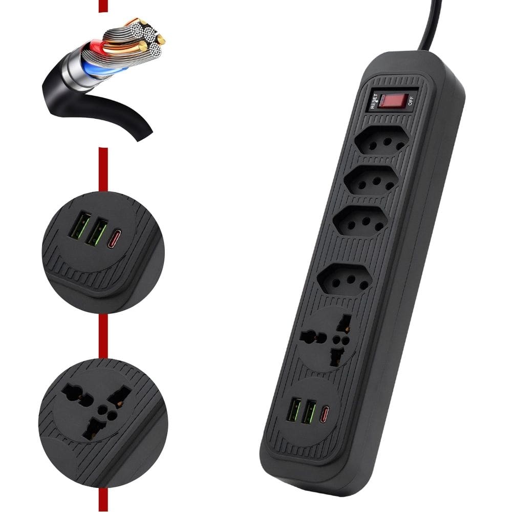Filtro de Linha, Extensão Tomada, Régua 4 tomadas comuns, 2 portas USB Type-C, 1 micro USB e 1 Tomada Universal