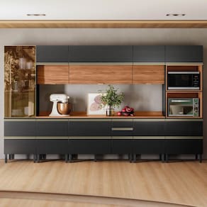 Cozinha Completa Proença 12 Portas 9 Gavetas com Vidro Dp3701mf Nogueira/Carbono Prime Tx - Demóbile