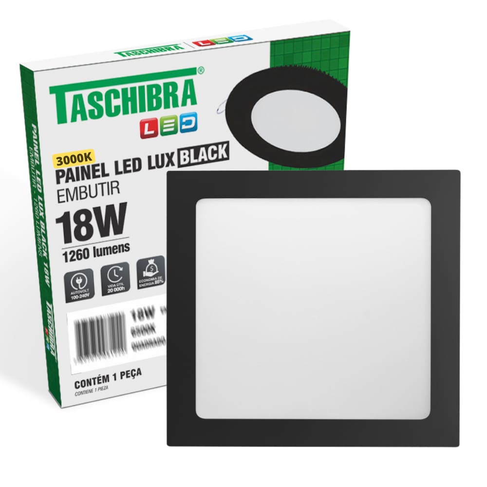 Painel de Led Quadrado Embutir 12W Preto Bivolt Taschibra 3000K Quente