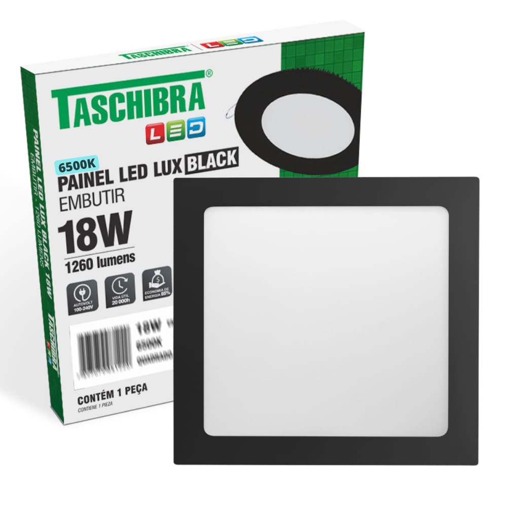 Painel de Led Quadrado Embutir 12W Preto Bivolt Taschibra 6500K Frio