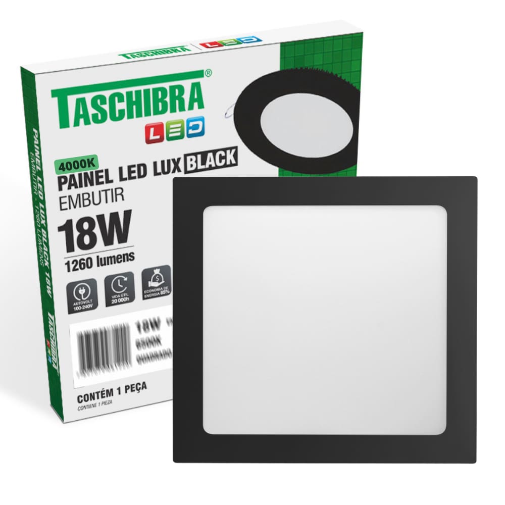 Painel de Led Quadrado Embutir 12W Preto Bivolt Taschibra 4000K Neutro