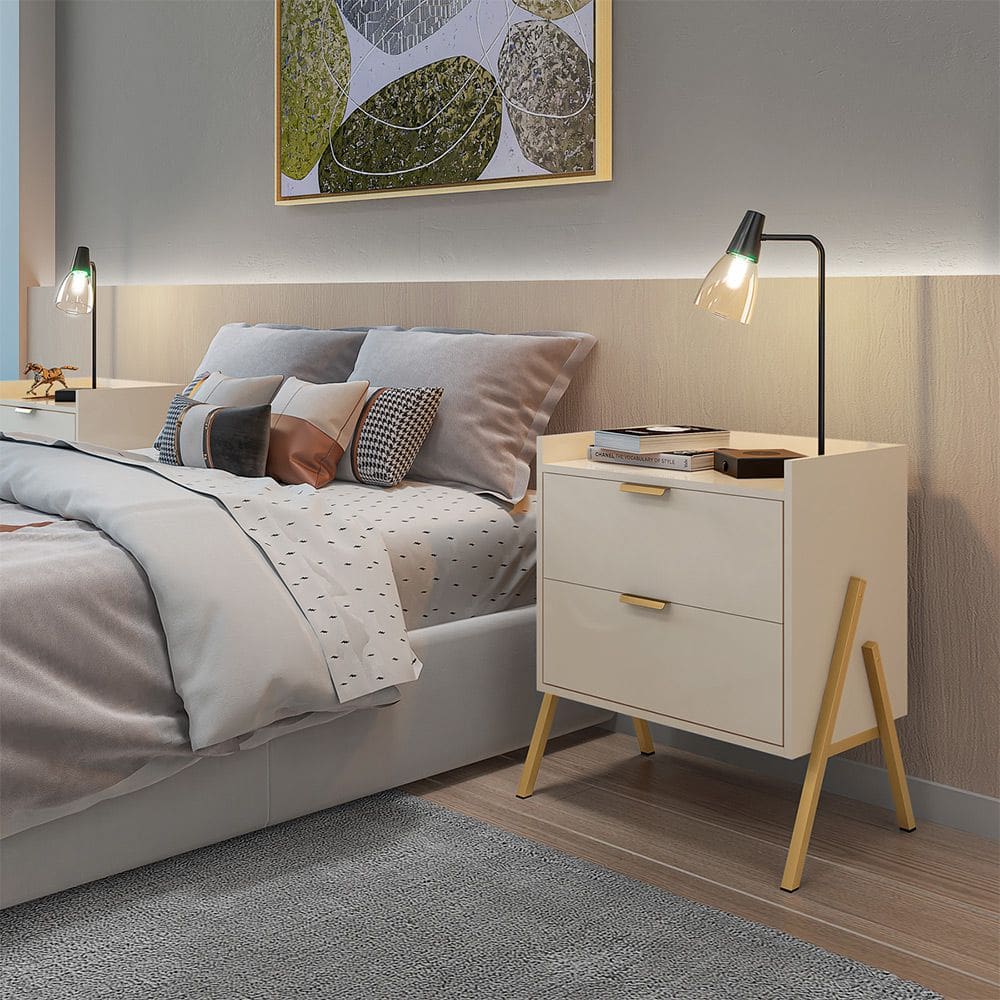 Mesa de Cabeceira Retrô com 2 Gavetas Asher 45cm - Off White