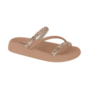 Sandália Papete Feminina Moleca Tiras Strass Multicolorido Bege