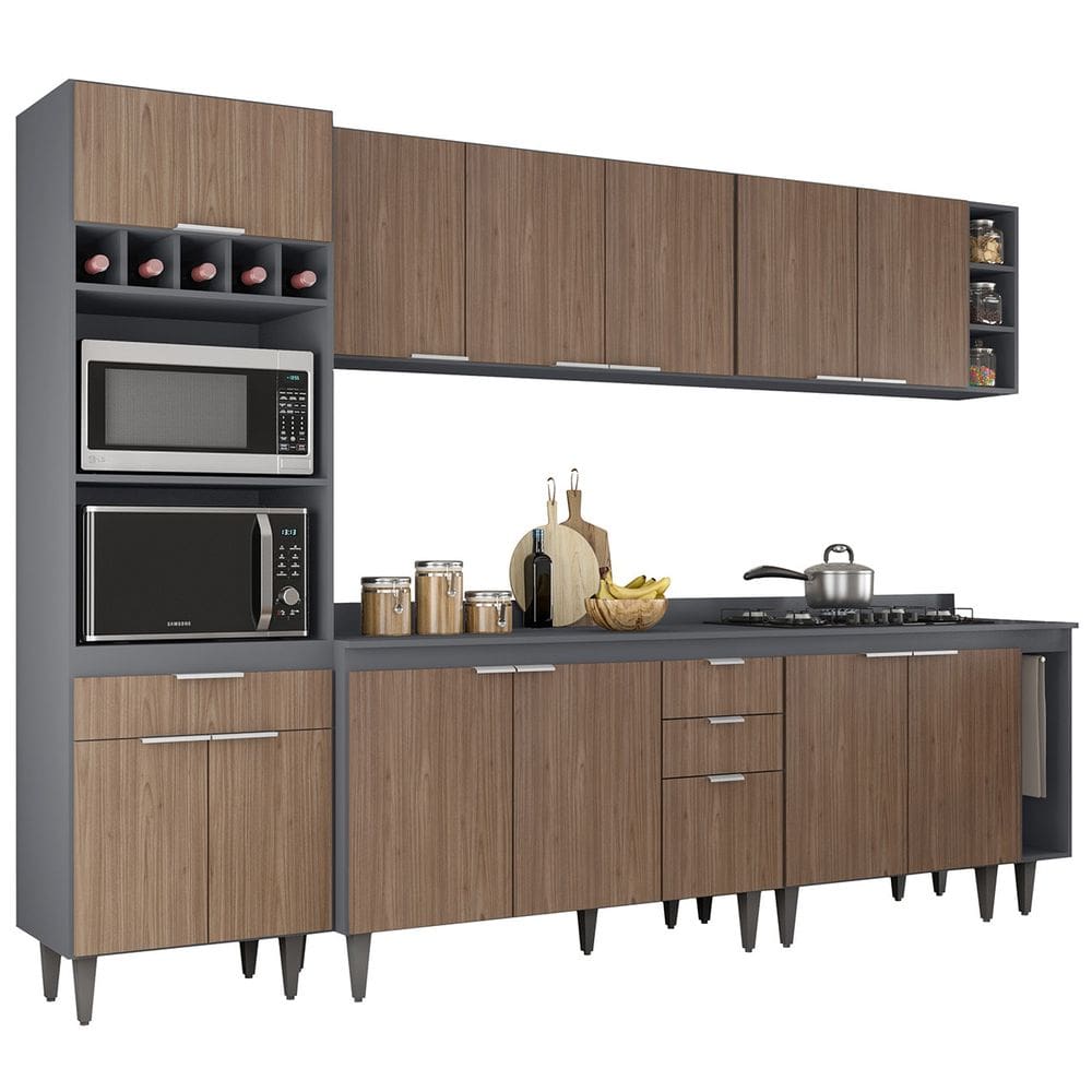 Armário de Cozinha Com Tampo CP07 280cm Pérola Grafite/Freijó Z34 - Mpozenato