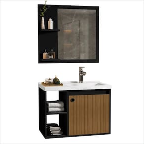 Conjunto Gabinete com Espelheira e Cuba para Banheiro 60cm Adonis Preto Ripado Ofertamo