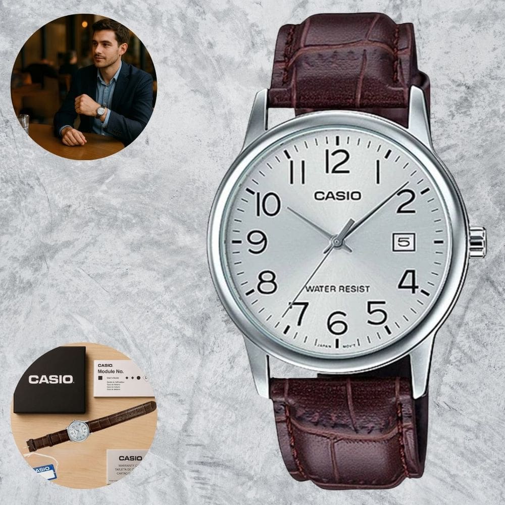 Relógio Casio Masculino Social Prata com Pulseira Couro autêntico, Data no Visor e Resistência à Água MTP-V002L-7B2UDF