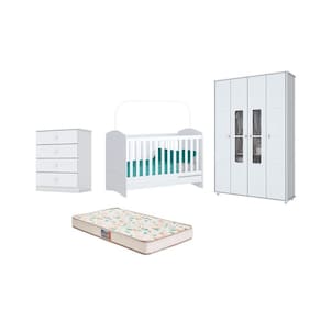 Berço Bala de Menta, Cômoda Labirinto e Guarda Roupa Aquarela Branco e Colchão - FdECOR