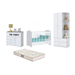 Berço Bala de Menta e Cômoda Aquarela e Guarda Roupa Labirinto Branco e Colchão - FdECOR