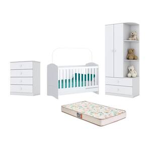 Berço Bala de Menta e Cômoda Labirinto e Guarda Roupa Labirinto Branco e Colchão - FdECOR