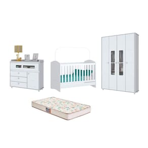 Berço Bala de Menta, Cômoda Aquarela e Guarda Roupa Aquarela Branco e Colchão - FdECOR