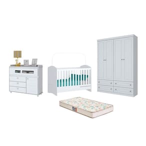 Berço Bala de Menta, Cômoda Aquarela e Guarda Roupa Americano 4 Pts Branco e Colchão - FdECOR