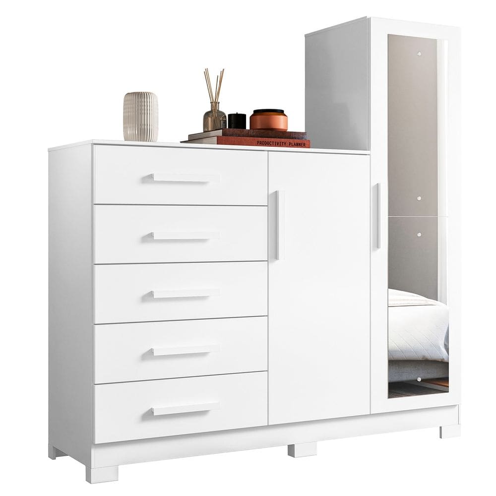 Guarda Roupa Cômoda com Espelho 158cm Suiça A02 Branco - Mpozenato