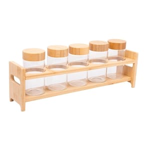 Kit 5 Porta Temperos de Vidro com Tampa e Suporte de Bambu Wolff