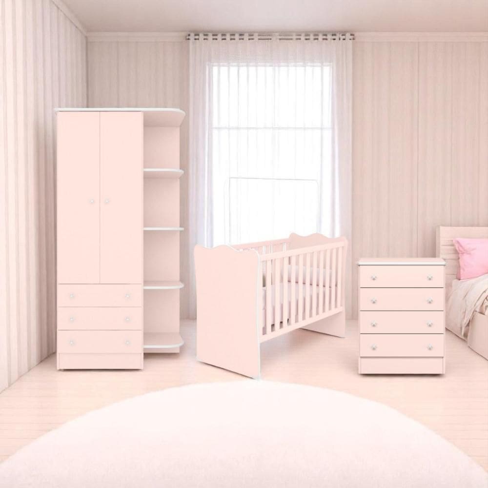 Conjunto Infantil Doce Sonho Rosa Acetinado: Berço Doce Sonho + Cômoda Doce Sonho + Guarda-Roupa Doce Sonho