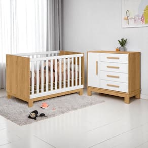 Conjunto Infantil Encanto Slim Freijo Toq/Branco Acetinado: Berço Encanto Slim Mini Cama + Cômoda Encanto Slim